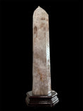 Load image into Gallery viewer, Large Clear Quartz mixed with Fire Quartz Tower in custom wood stand - REIKI LUNAS, CRAFTS & ARTISAN
