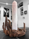 Load image into Gallery viewer, Large Rose Quartz Tower Statement Piece on a Natural Wood Branch Custom Stand - REIKI LUNAS, CRAFTS & ARTISAN
