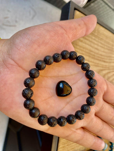 Black Lava Stone Bracelet Crystal Bundle with Obsidian mini Heart - Blu Lunas Shoppe
