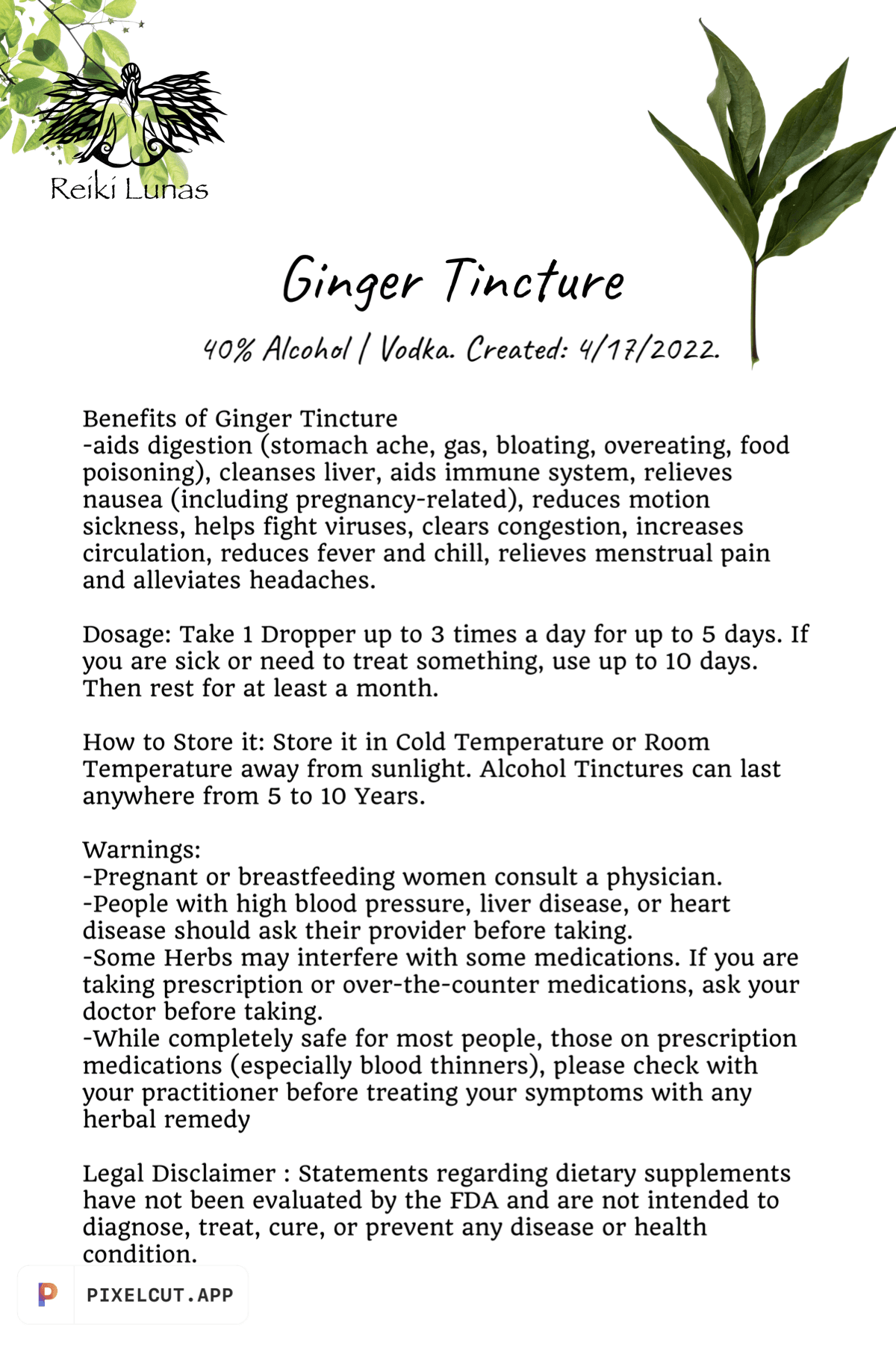 Ginger | Tincture by Reiki Lunas - Blu Lunas Shoppe