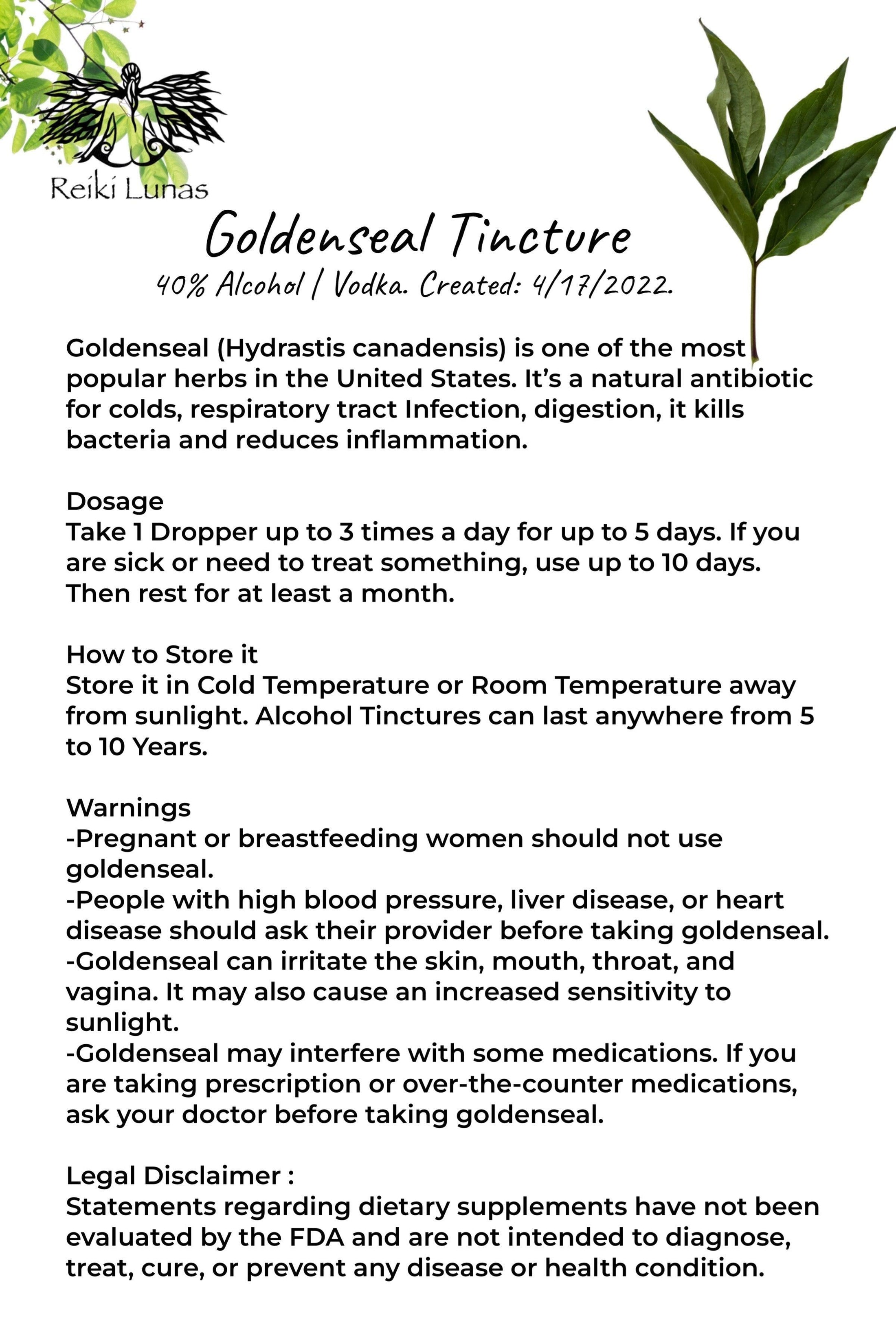 Goldenseal, Natural Antibiotic Tincture by Reiki Lunas - Blu Lunas Shoppe