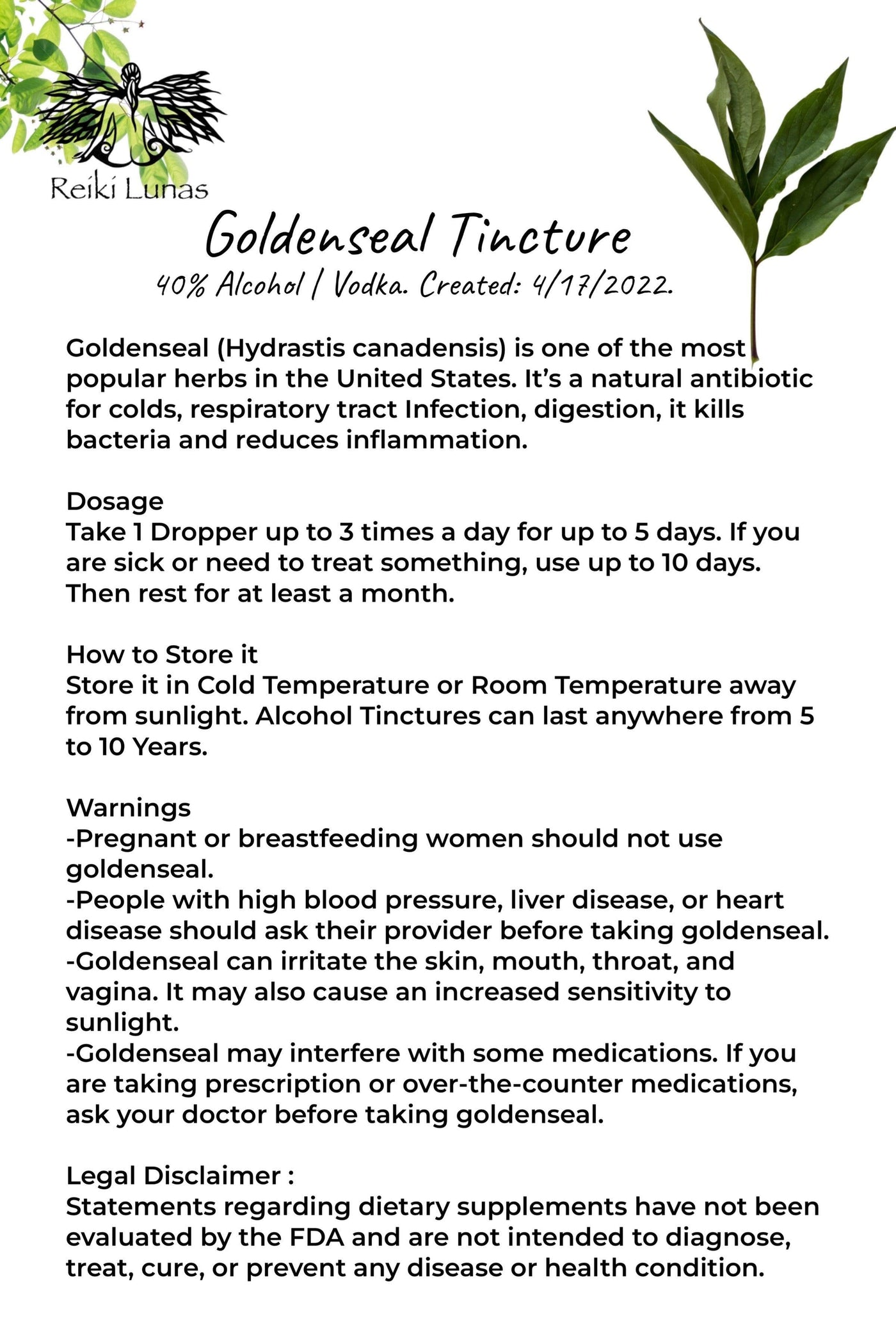 Goldenseal, Natural Antibiotic Tincture by Reiki Lunas - Blu Lunas Shoppe