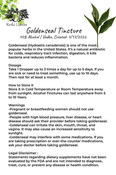 Goldenseal, Natural Antibiotic Tincture by Reiki Lunas - Blu Lunas Shoppe