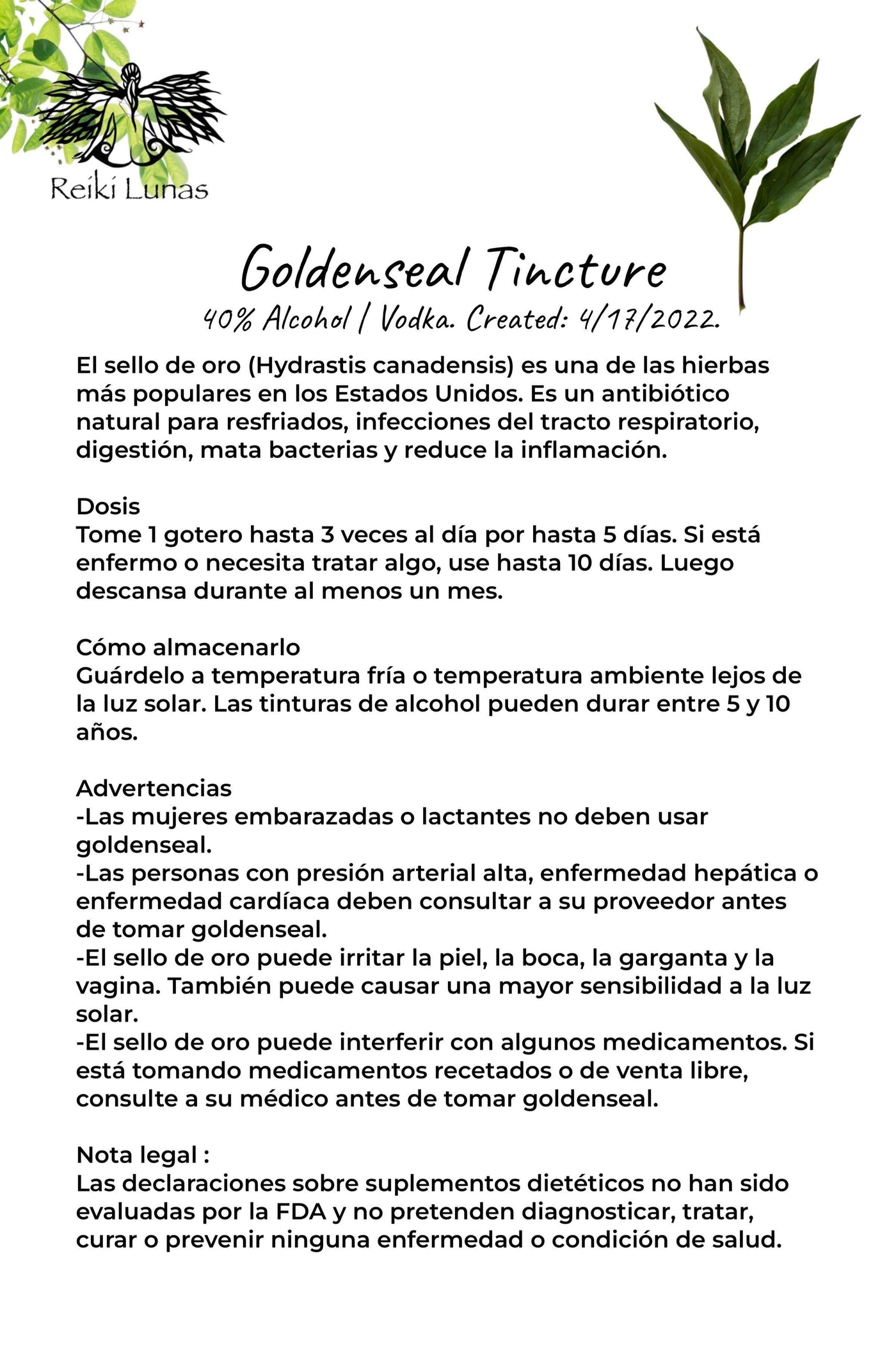 Goldenseal, Natural Antibiotic Tincture by Reiki Lunas - Blu Lunas Shoppe