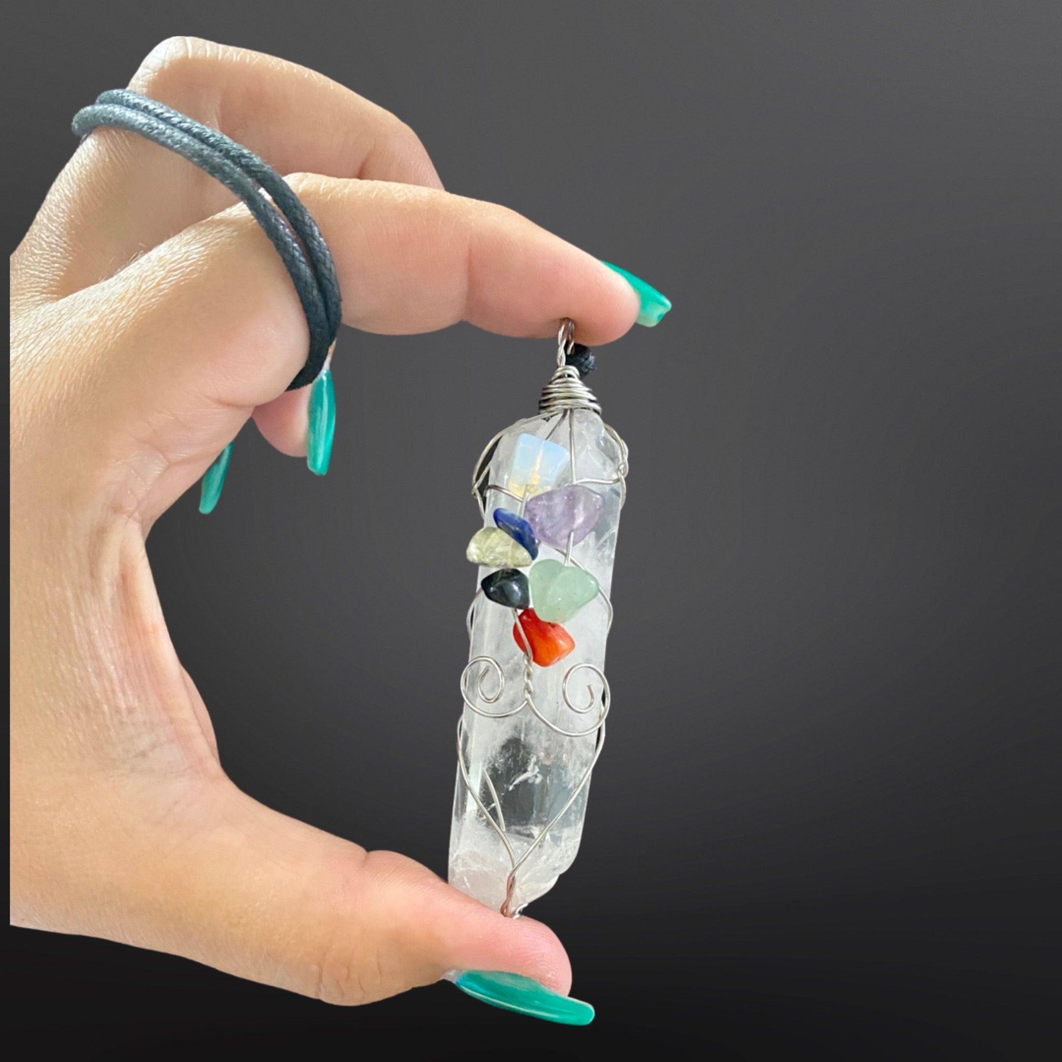 Large Stainless Steel Clear Quartz Pendant and Pendulum, witchcraft necklace - Blu Lunas Shoppe