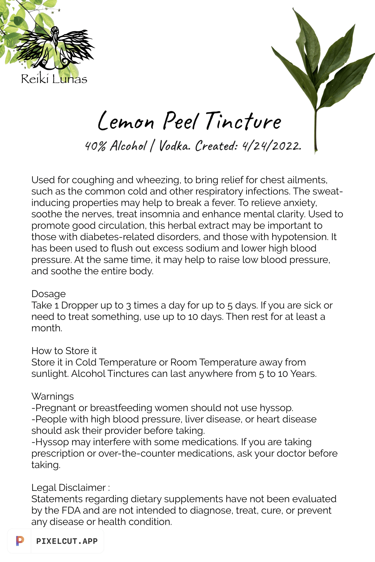 Lemon Peel | Tincture by Reiki Lunas - Blu Lunas Shoppe