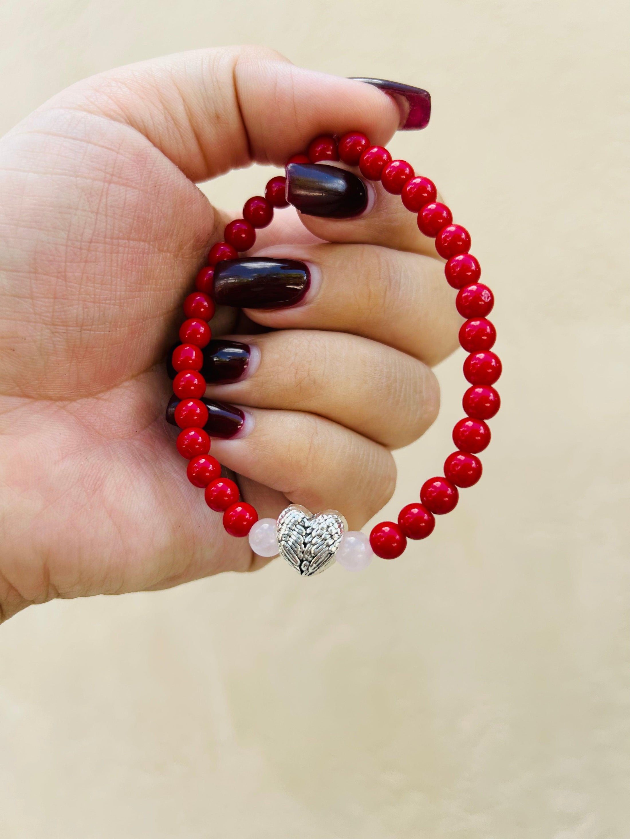 Red Coral with Rose Quartz Bracelet Standard Adult Size - Blu Lunas Shoppe