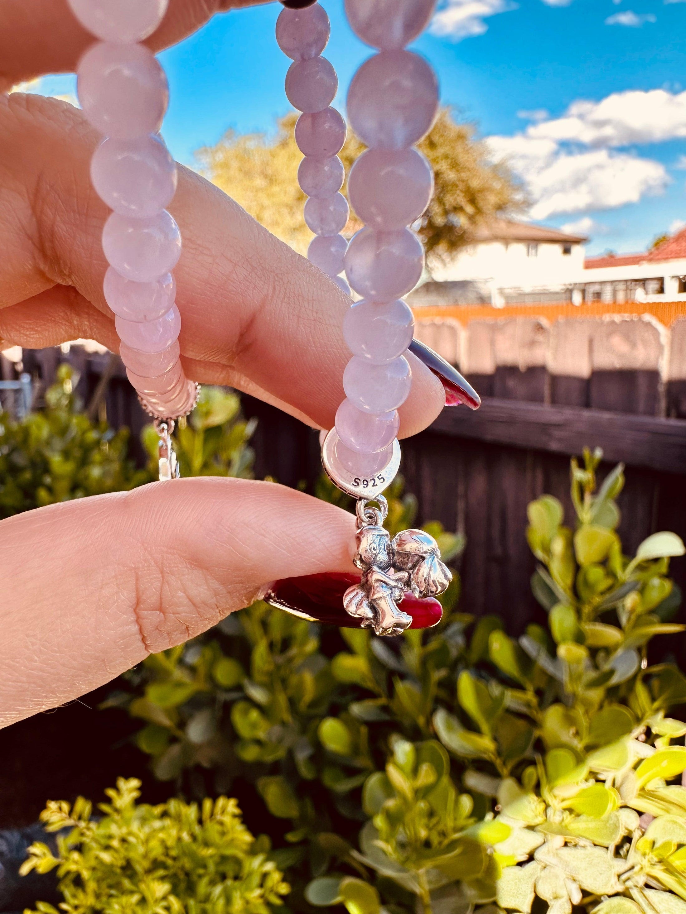 Rose Quartz Bracelet with 925 Sterling Silver Charm S-M Adult Size - Blu Lunas Shoppe