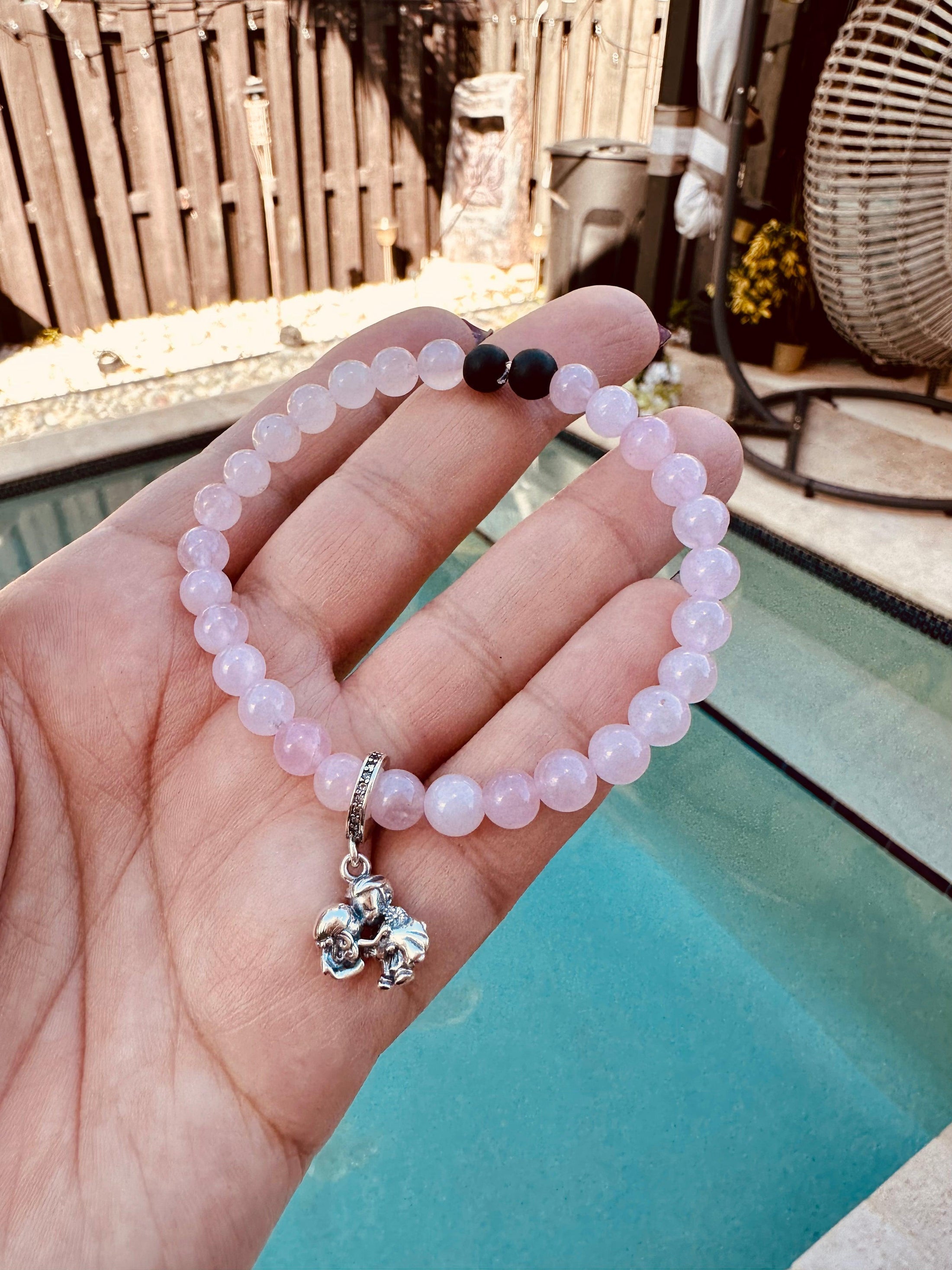 Rose Quartz Bracelet with 925 Sterling Silver Charm S-M Adult Size - Blu Lunas Shoppe